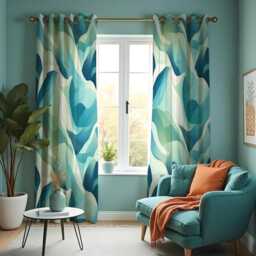 Teal Green Abstract Curtains, Modern Wave Pattern Drapes, Ocean Inspired Geometric Window Panels, Aqua Blue Art Deco Style Custom Curtains - thumbnail 2