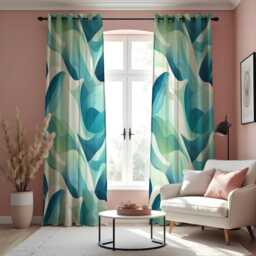 Teal Green Abstract Curtains, Modern Wave Pattern Drapes, Ocean Inspired Geometric Window Panels, Aqua Blue Art Deco Style Custom Curtains - thumbnail 3