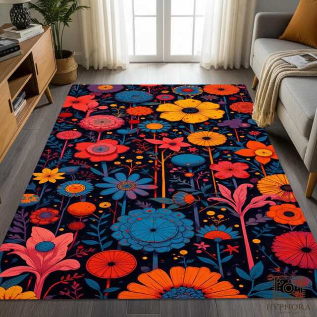 Colorful Floral Garden Rug, Boho Wildflower Botanical Carpet - image 1