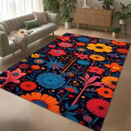 Colorful Floral Garden Rug, Boho Wildflower Botanical Carpet - thumbnail 2