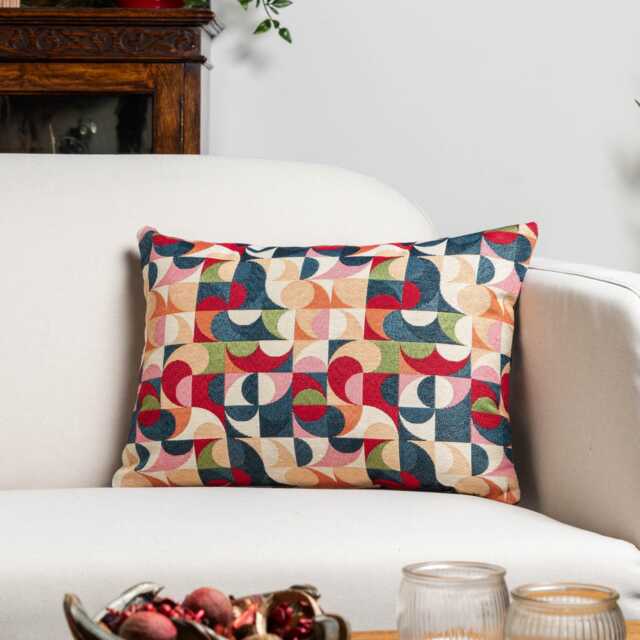 Moderna Tapestry Boudoir Cushion. Navy Blue, Red, Olive Green, Blush Pink, Orange & Cream Geometric Curve Design. 17x12 - image 1