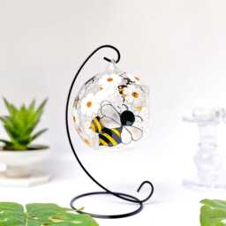 Daisies & Bees Glass Candle Holder, Hand Painted Tea Light Shelf Decor Idea - thumbnail 2