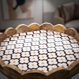 Honeybloom Hand Turned Mango Wood End Table Scalloped Enamel Top With Gold Embossed - thumbnail 3