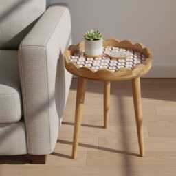 Honeybloom Hand Turned Mango Wood End Table Scalloped Enamel Top With Gold Embossed - thumbnail 2