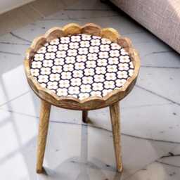 Honeybloom Hand Turned Mango Wood End Table Scalloped Enamel Top With Gold Embossed