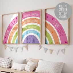 Set Of 3 Girls Bedroom Prints, Rainbow Print, Affirmation Wall Art, Decor, You Are Loved Nursery Art - thumbnail 1