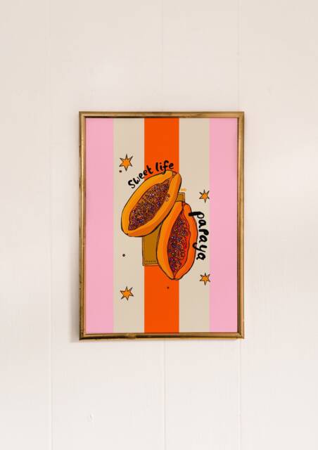 Papaya Art Print Tropical Fruit, Pink & Orange Decor - image 1