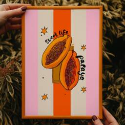 Papaya Art Print Tropical Fruit, Pink & Orange Decor - thumbnail 3
