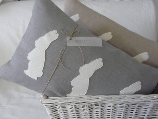 Cushion With Three Rabbits/Vintage Style Sewn On, Made Of Linen in Grey/Whitebeige/White - image 1