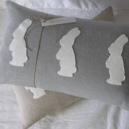 Cushion With Three Rabbits/Vintage Style Sewn On, Made Of Linen in Grey/Whitebeige/White - thumbnail 3
