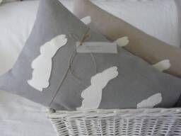 Cushion With Three Rabbits/Vintage Style Sewn On, Made Of Linen in Grey/Whitebeige/White - thumbnail 1