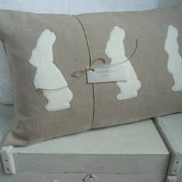 Cushion With Three Rabbits/Vintage Style Sewn On, Made Of Linen in Grey/Whitebeige/White - thumbnail 2
