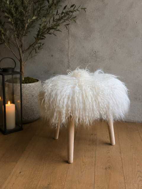 Icelandic Sheepskin Stool, Long Curly Fur Seat, Wooden 3 Leg Natural Footstool, Handmade Dressing Stool - image 1