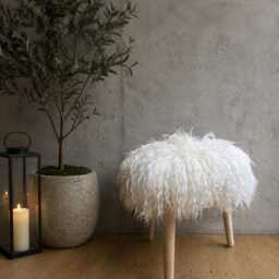 Icelandic Sheepskin Stool, Long Curly Fur Seat, Wooden 3 Leg Natural Footstool, Handmade Dressing Stool - thumbnail 3