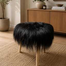 Icelandic Sheepskin Stool, Long Curly Fur Seat, Wooden 3 Leg Natural Footstool, Handmade Dressing Stool - thumbnail 4