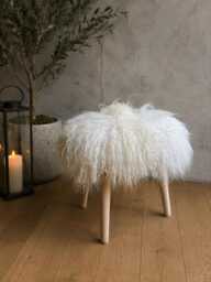 Icelandic Sheepskin Stool, Long Curly Fur Seat, Wooden 3 Leg Natural Footstool, Handmade Dressing Stool