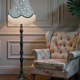 William Morris Persian Curtains Fabric Lampshade Dark Green Braid & Cream Fringe, Bespoke British Handmade - thumbnail 2