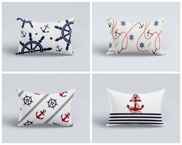 Marina Rectangular Nautical Striped Boudoir Pillow Case/Coastal Anchor Cushion Cover/Beach House Decor/Navy Blue - image 1
