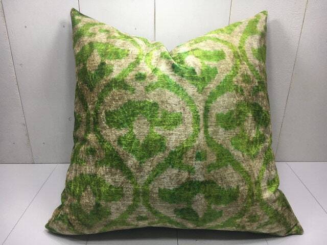 Hand Dyed Silk Ikat Pillow Cover, Green Patterned Cushion - 24x24 - image 1