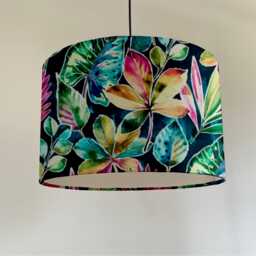 Rainforest Velvet Drum Lampshade /Ceiling Shade, With Multicoloured Leaves, A White Lining