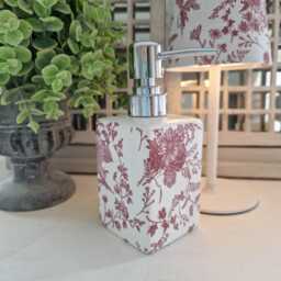 Lovely Red/Dark Pink Toile Decoupaged Ceramic Soap Dispenser.hand Decorated - thumbnail 1