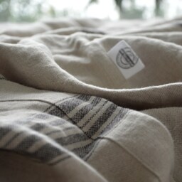 Heavy Linen Bed Coverlet, Queen King Size, Striped Throw - thumbnail 2