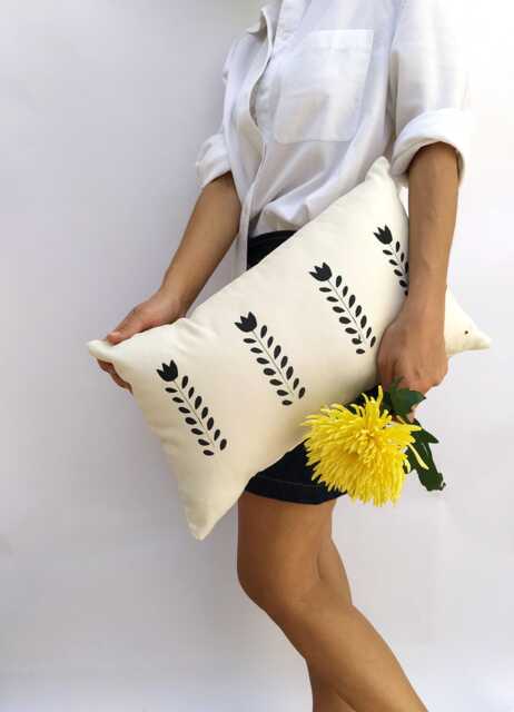 Scandi Floral Lumbar Pillow - Block Print Off-White Canvas Cushion Hygge Home Decor Minimalist Accent Nordic Room Gift - image 1