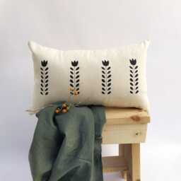 Scandi Floral Lumbar Pillow - Block Print Off-White Canvas Cushion Hygge Home Decor Minimalist Accent Nordic Room Gift - thumbnail 2