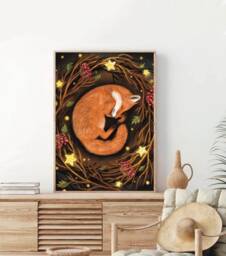 A4 A5 Sleeping Fox Art Print - Fantasy Art Poster Enchanted Night Woodlands Forest Fox Painting - Cute
