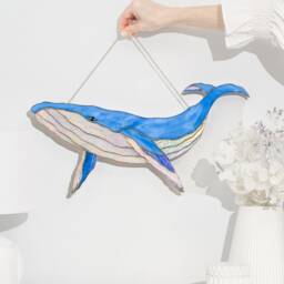 stained Glass Whale Wall Decor, Large Humpback Art, Nautical Nursery Hanging, Blue Sculpture Unique Birthday Gift - thumbnail 2