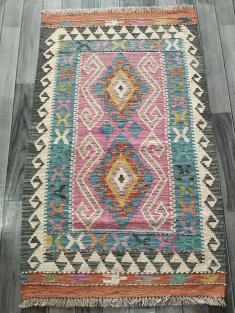 Kilim Rug Multicolour, Handmade Artisan Afghan Turkish Persian Rug, Navajo Moroccan Bohemian Flatweave, Natural Wool Dhurrie 130x79 cm - image 1