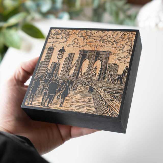Life On The Brooklyn Bridge - Engraved Birch Wood Panel, Linocut Block Print Wall Art, New York Gift, Illustration Folk Shelf Decor - image 1