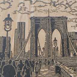Life On The Brooklyn Bridge - Engraved Birch Wood Panel, Linocut Block Print Wall Art, New York Gift, Illustration Folk Shelf Decor - thumbnail 3