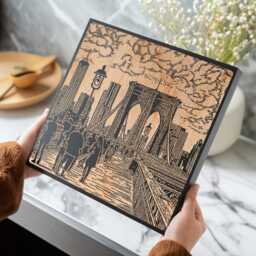 Life On The Brooklyn Bridge - Engraved Birch Wood Panel, Linocut Block Print Wall Art, New York Gift, Illustration Folk Shelf Decor - thumbnail 2