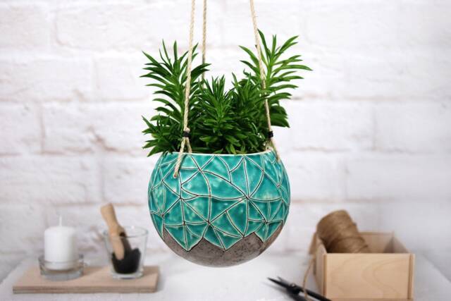 Turquoise Ceramic Hanging Planter, Handmade 5-Inch Textured Stoneware Pot - image 1