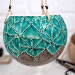 Turquoise Ceramic Hanging Planter, Handmade 5-Inch Textured Stoneware Pot - thumbnail 2