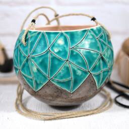 Turquoise Ceramic Hanging Planter, Handmade 5-Inch Textured Stoneware Pot - thumbnail 3