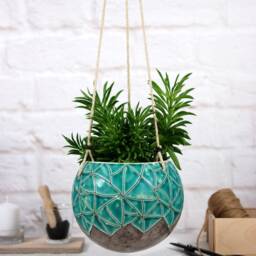Turquoise Ceramic Hanging Planter, Handmade 5-Inch Textured Stoneware Pot - thumbnail 4