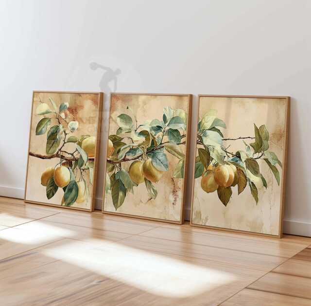 Lemon Tree Wall Art Set Of 3 Prints, Citrus Botanical Posters, Yellow Fruit Branch Decor, Mediterranean Kitchen Prints - image 1