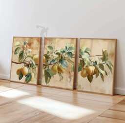 Lemon Tree Wall Art Set Of 3 Prints, Citrus Botanical Posters, Yellow Fruit Branch Decor, Mediterranean Kitchen Prints - thumbnail 1