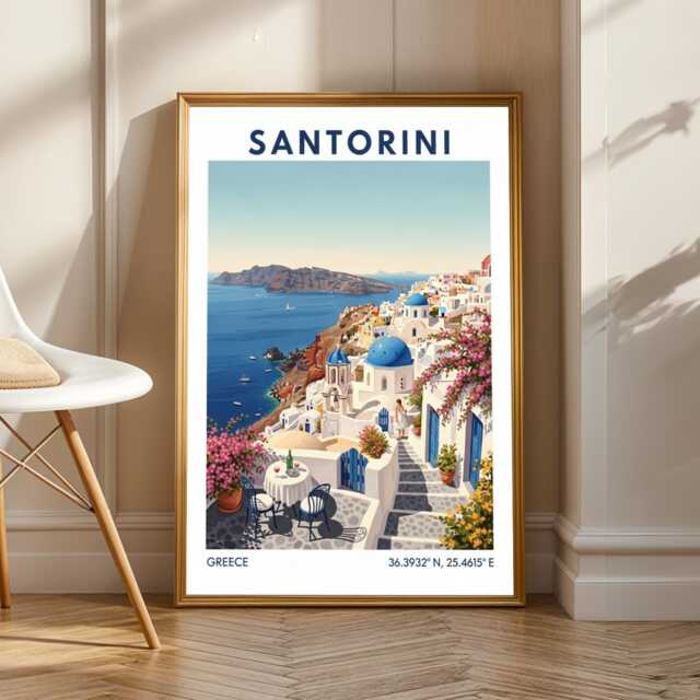 Santorini Art Print Blue Domes, Greek Island Coastal Decor - image 1