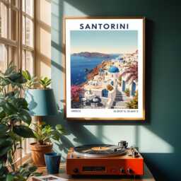 Santorini Art Print Blue Domes, Greek Island Coastal Decor - thumbnail 2