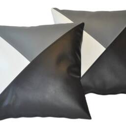 "2 Black Grey White Tri Style Faux Leather Cushions 16"" 18"" 20" - thumbnail 2