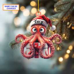 Custom Name Cute Octopus With Santa Hat Sitting On A Gift Box Ornament, Christmas Tree Hanging Decor, Flat 2D Ornament - thumbnail 2