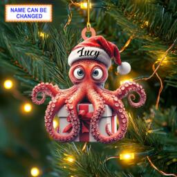 Custom Name Cute Octopus With Santa Hat Sitting On A Gift Box Ornament, Christmas Tree Hanging Decor, Flat 2D Ornament