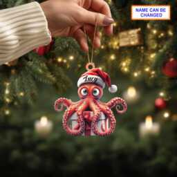 Custom Name Cute Octopus With Santa Hat Sitting On A Gift Box Ornament, Christmas Tree Hanging Decor, Flat 2D Ornament - thumbnail 3