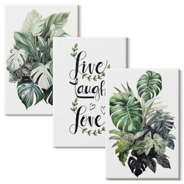 Canvas Wall Art Set Of 3 - Leafy Plants With The Words Live, Laugh, Love, Green Art, & Flowers Hanging Piece - image 1