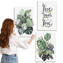 Canvas Wall Art Set Of 3 - Leafy Plants With The Words Live, Laugh, Love, Green Art, & Flowers Hanging Piece - thumbnail 2
