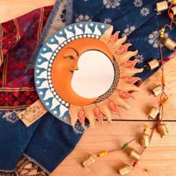 Sun & Moon Mosaic Mirror, Handmade Fair Trade Wall Colourful Round Wooden Boho Home Decor - thumbnail 2