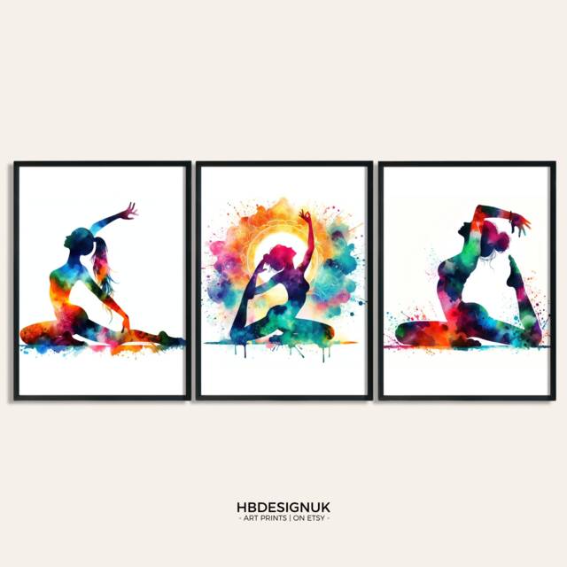 Yoga Poster Set - 3 Watercolour Prints - Room Print Art Office Woman Meditation Gifts Pictures Artwork - image 1